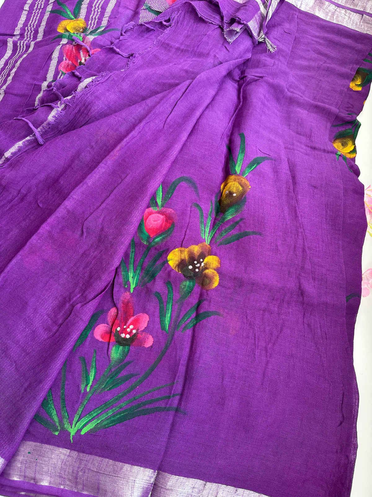 OBKS0026 Violet hand painted Linen saree