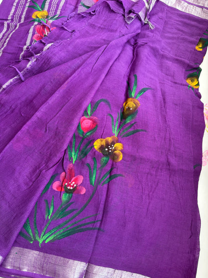 OBKS0026 Violet hand painted Linen saree