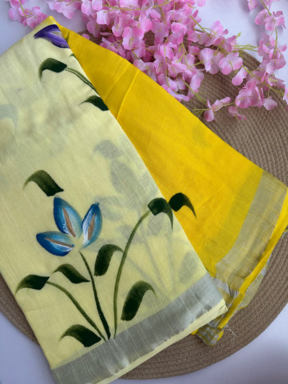 OBKS0027 Yellow Ombre hand painted Linen saree