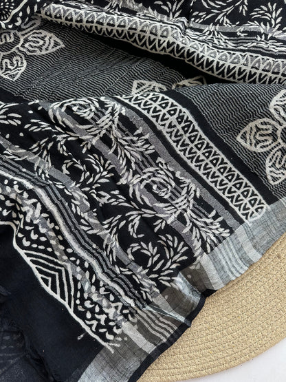 OBKS0015 Black motif Linen saree